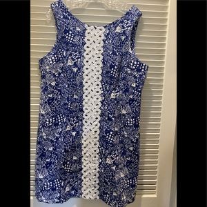 LILLY PULITZER UPSTREAM FISH NAVY BLUE/WHITE SLEEVELESS SHIFT DRESS SZ 18